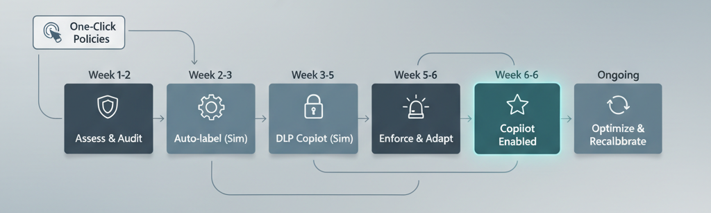 A horizontal timeline showing a six-week staged deployment of AI security controls.