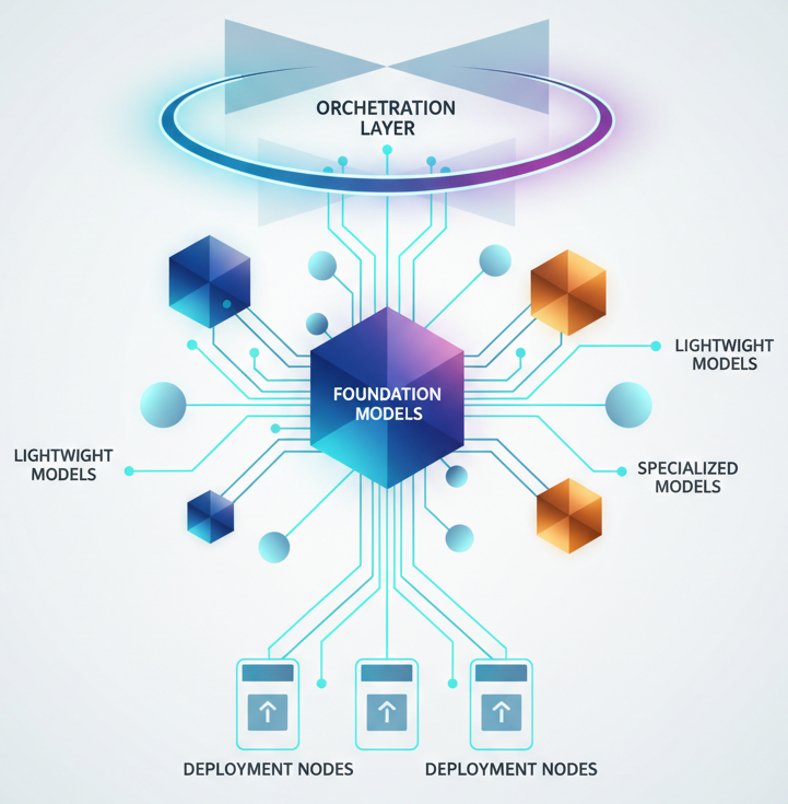 Circular diagram of an iterative AI learning cycle where multiple AI agents generate outputs, which are evaluated and fed back as metrics and optimization signals to continuously improve the system.