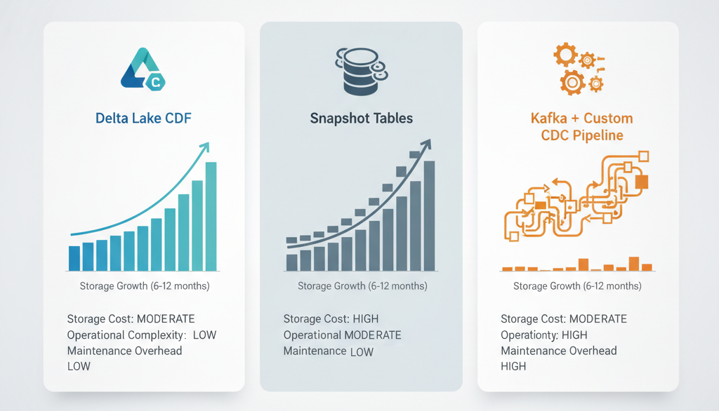 a comparative infographic showing storage and operational cost differences between three approaches: Delta Lake CDF Snapshot Tables Kafka + Custom CDC Pipeline