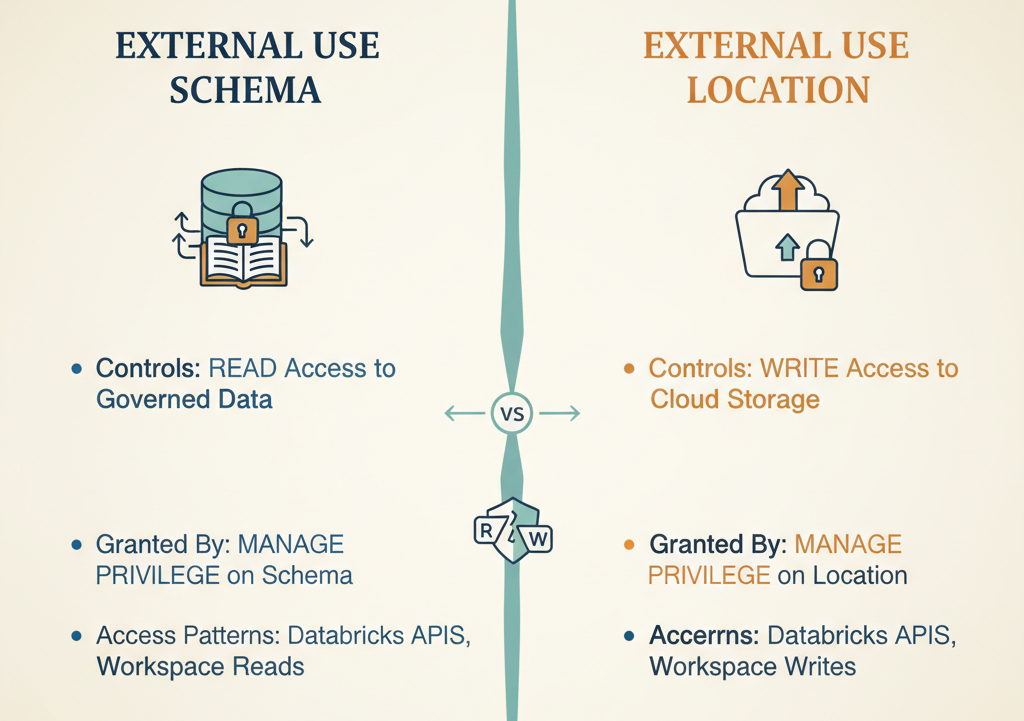 Comparison matrix showing EXTERNAL USE SCHEMA vs. EXTERNAL USE LOCATION—what each controls, who grants them, which access patterns require them