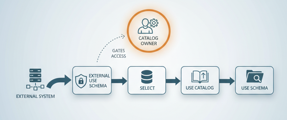 Diagram showing permission chain for external access—EXTERNAL USE SCHEMA → SELECT → USE CATALOG → USE SCHEMA, with callout showing catalog owner gating function
